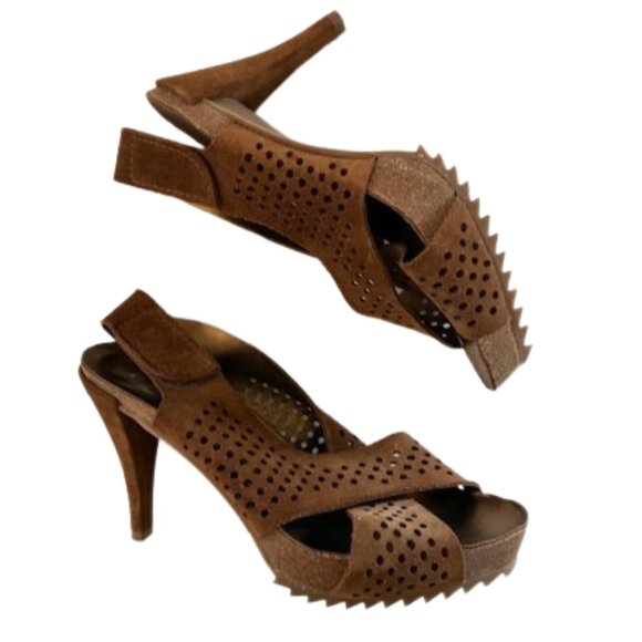 Pedro Garcia Tobacco Suede Cross Strap Platform Sandal | 4.25” Heel | Size 8.5 - Picture 3 of 15